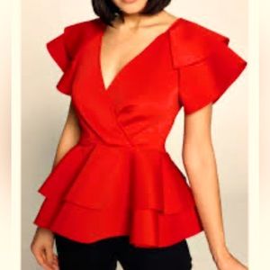 Scuba V-Neck Top w/ Peplum Ruffle